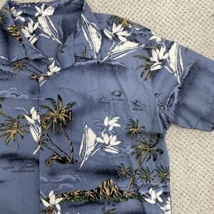 Hawaiian Aloha Shirt Palm Weave Size  Large Blue Islands Palm Trees Heliconia